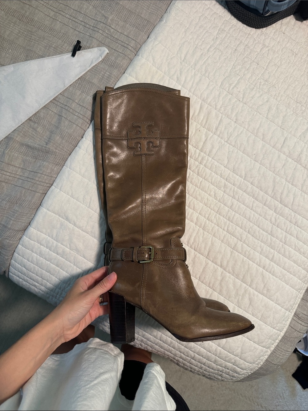 Tory Burch Olive Brown Leather Knee-High Block Heel Boots